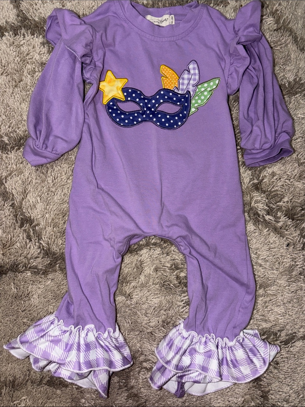 Mardi Gras Ruffle One-Piece Romper with Mask Appliqué